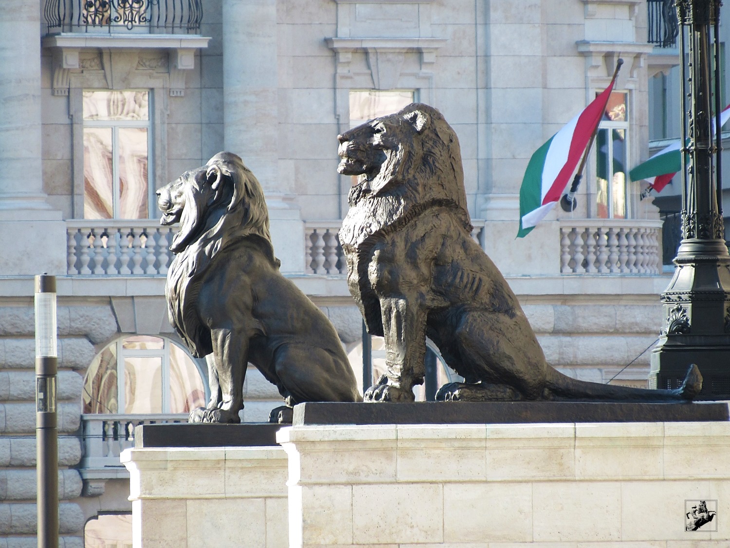 Shot of the lion statues guarding the Parliament