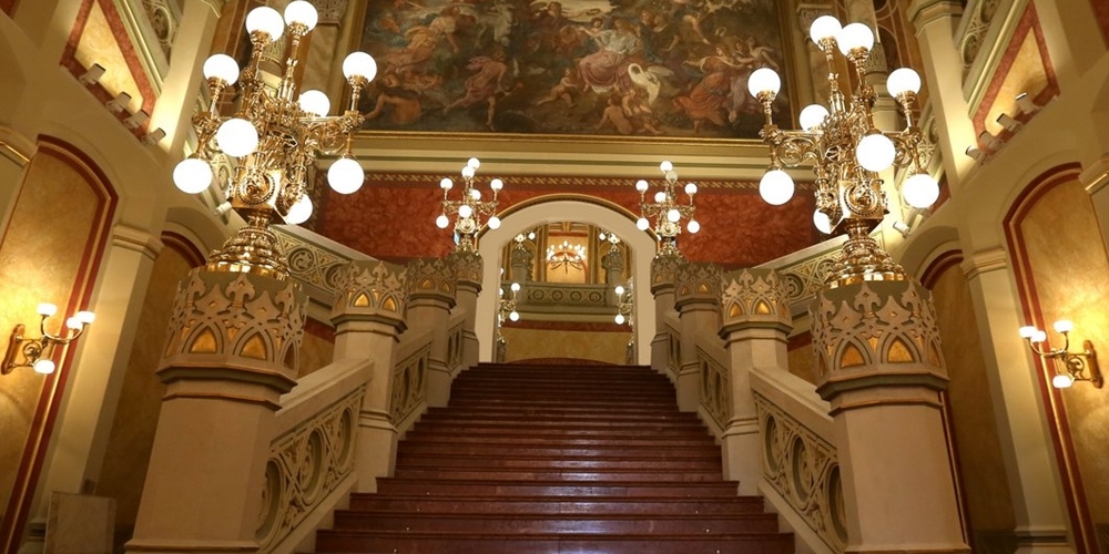 The main staircase of the Pesti Vigadó Concert Hall in Budapest