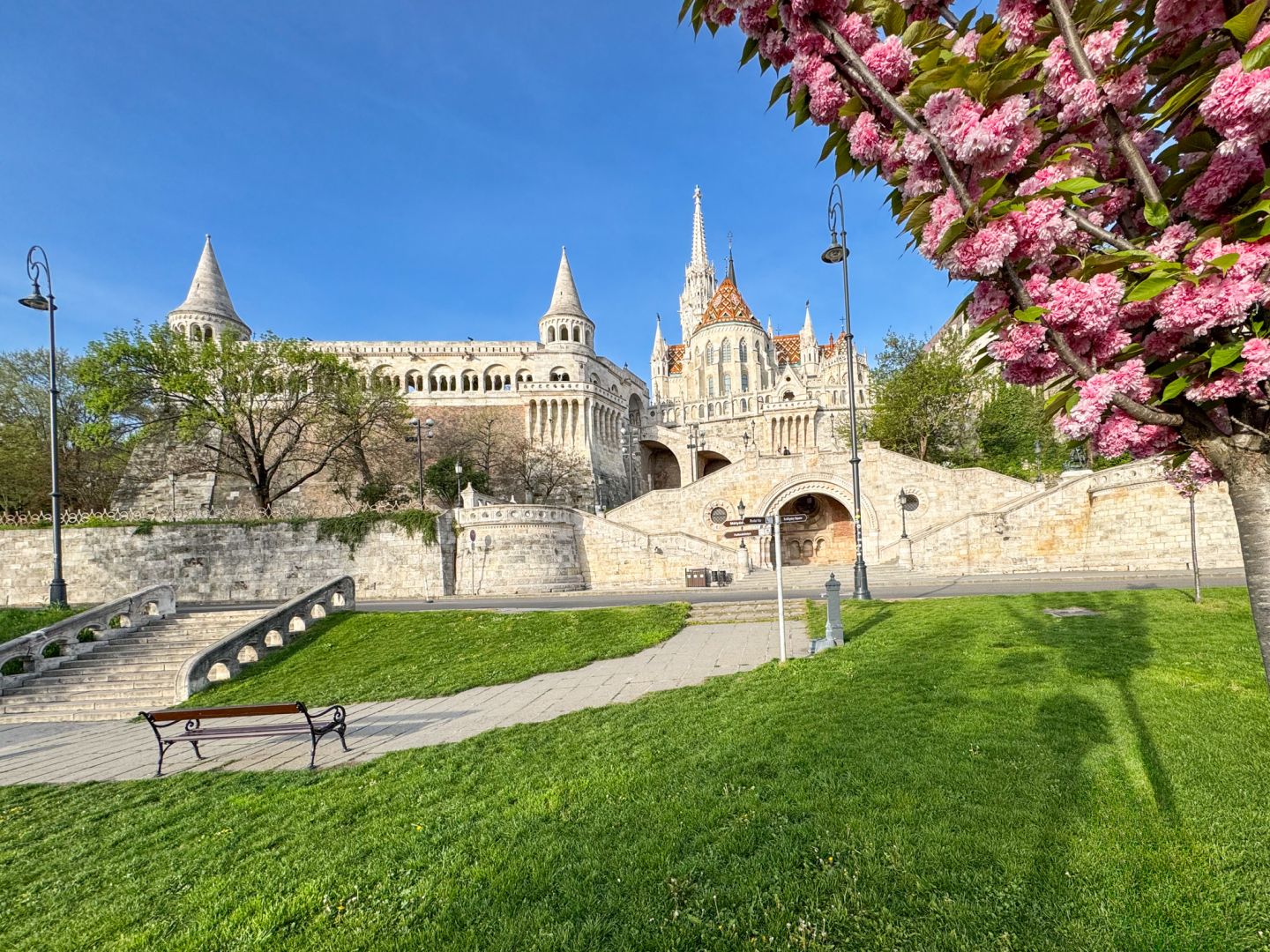 Fisherman's Bastion framed by blooming cherry trees.