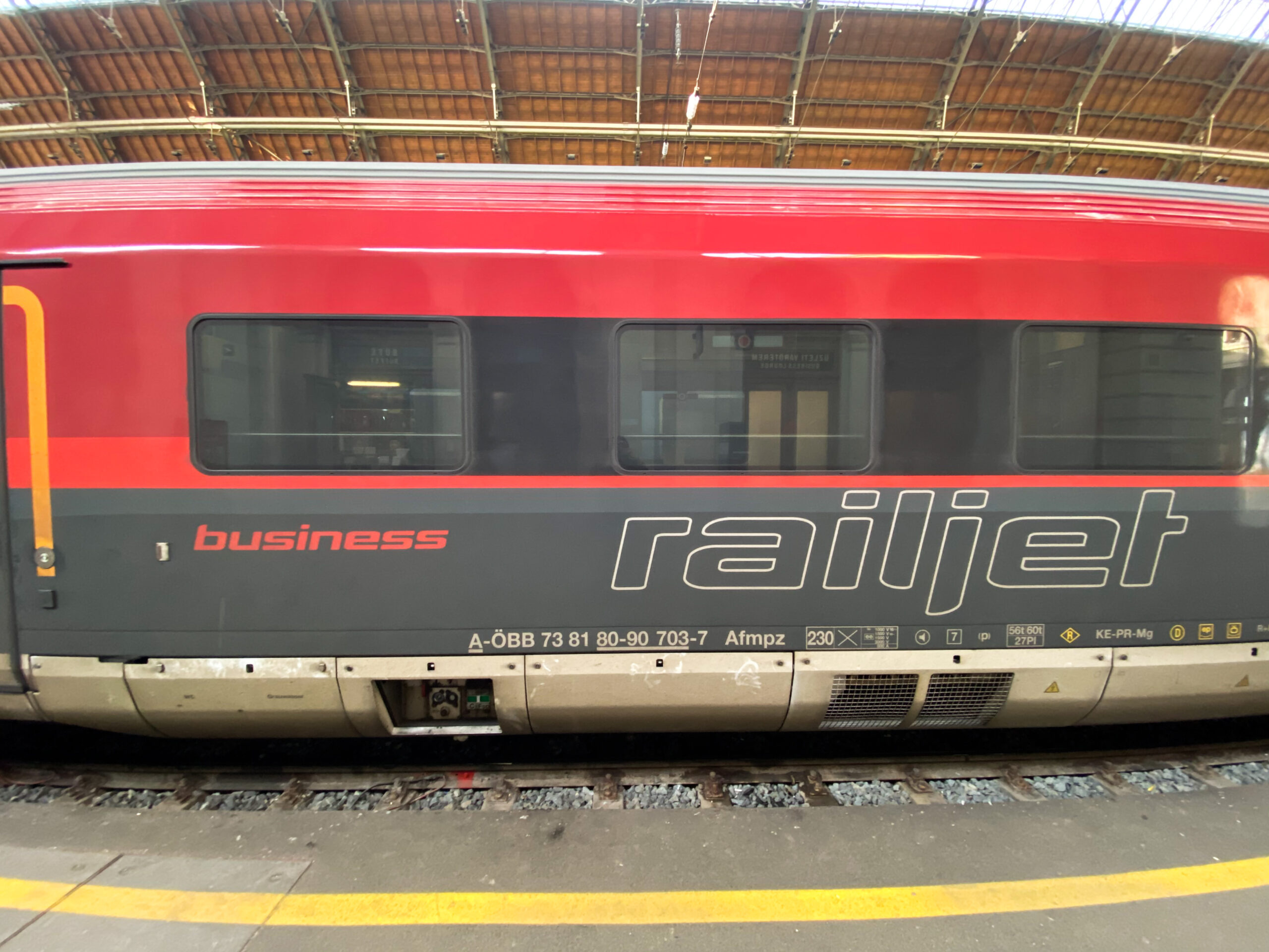 Exterior of a RailJet train heading to Vienna