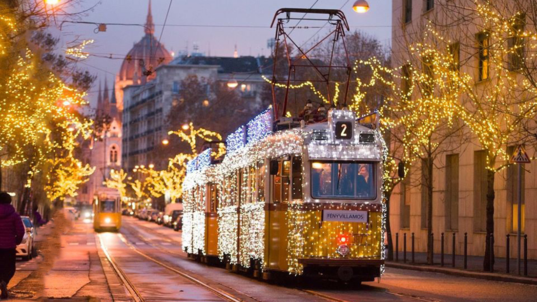 Decorated trams during Christmas in Budapest