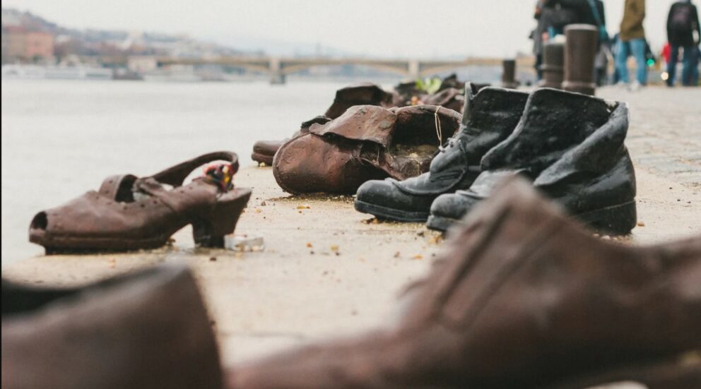 The Shoes on the Danube Bank in Budapest, a grim memorial consisting of 60 pairs of shoes sculpted out of iron