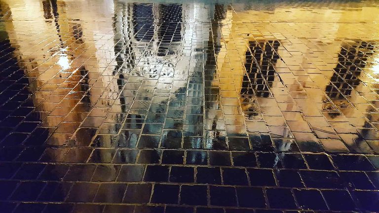 Reflection of Matthias church in rain