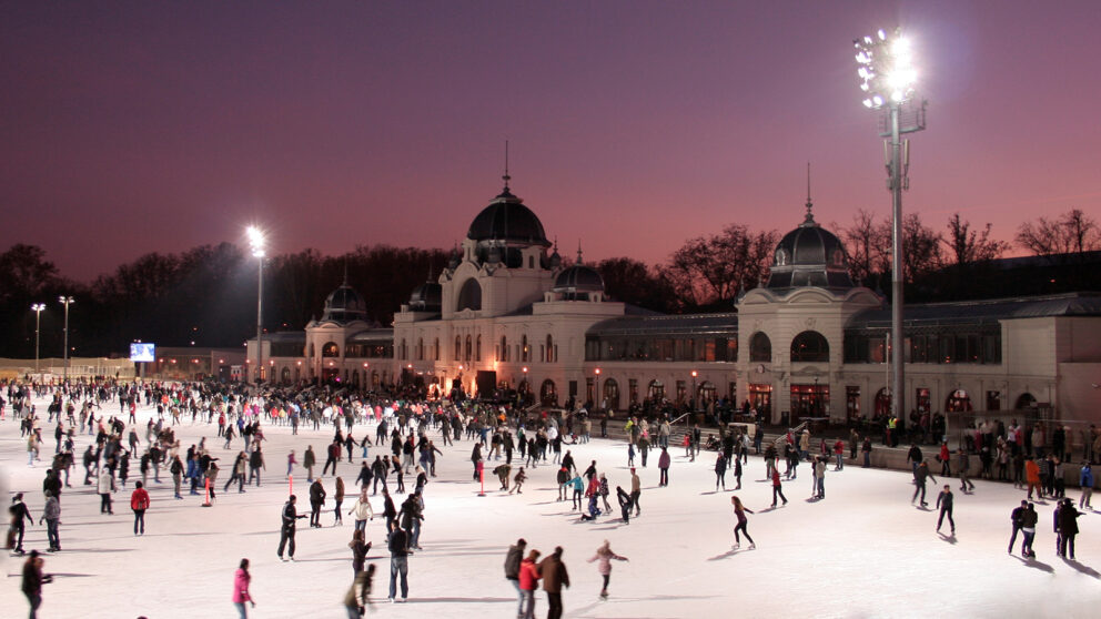 The huge ice skating rink in City Park by night