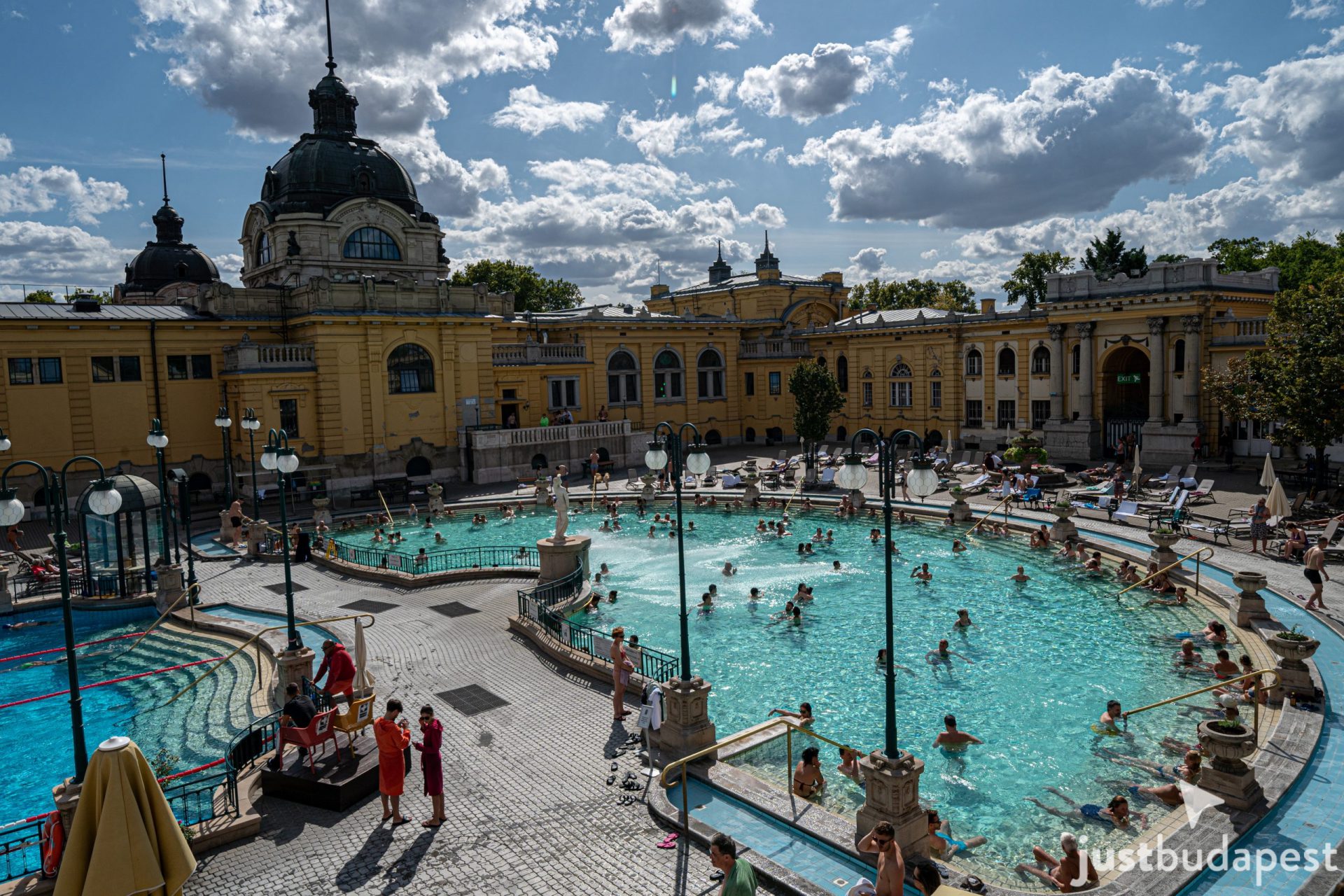 A high-angle view showing the massive, symmetrical layout of the Széchenyi Thermal Baths