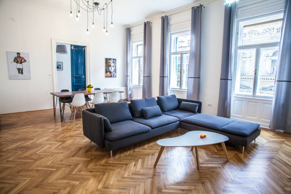 Interior of a downtown Budapest apartment with high ceilings