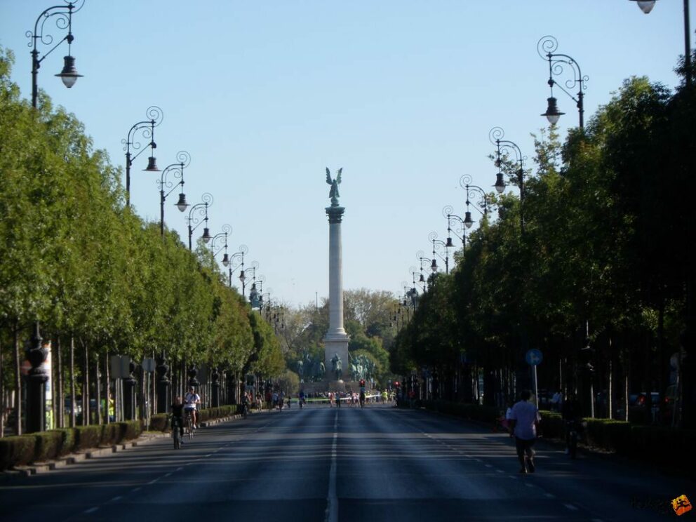 Wide view of the elegant Andrássy Avenue in Budapest looking towards Heroes' Square