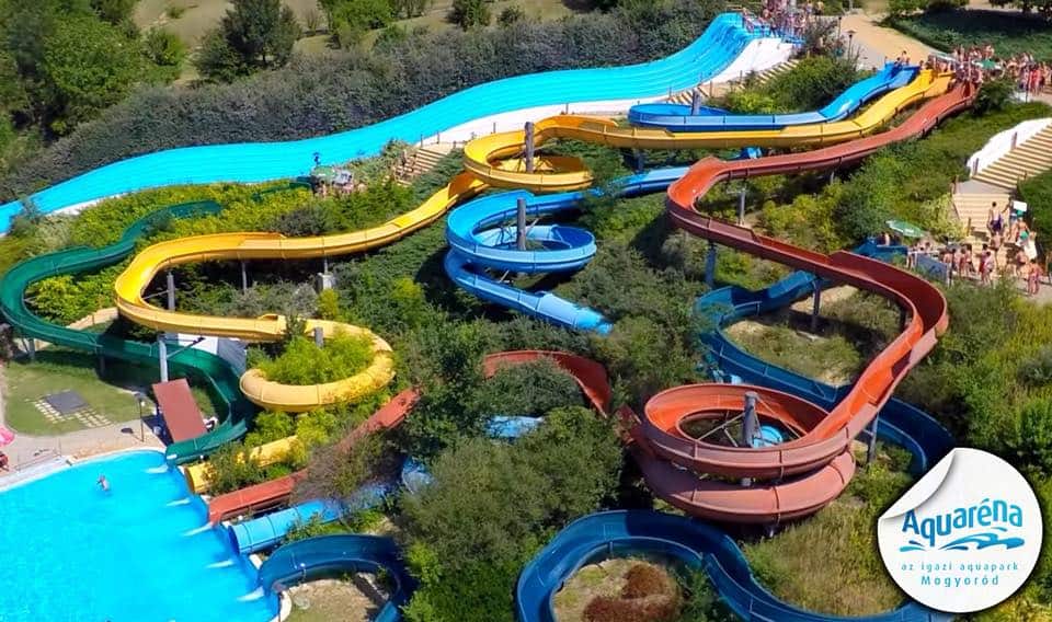Aerial view of the massive colorful water slides at Aquarena