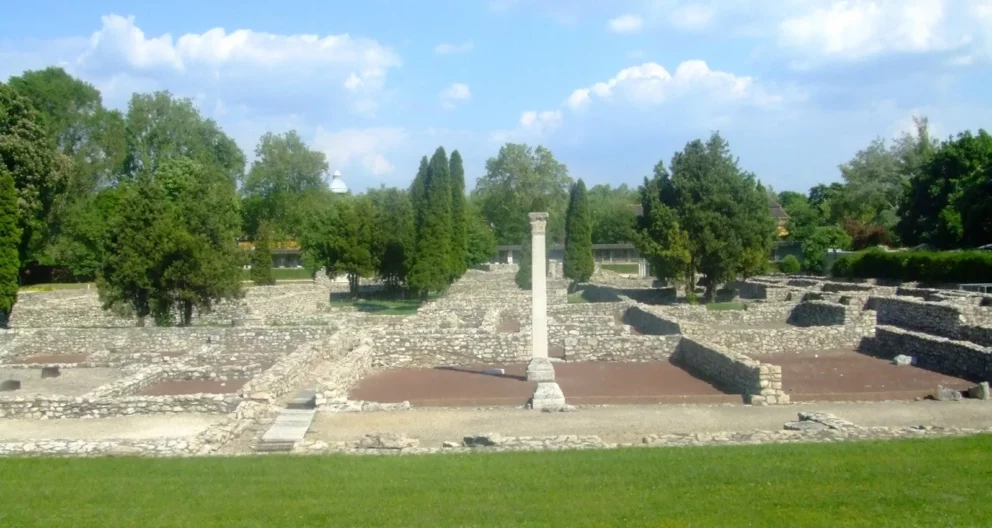 The excavated stone foundations of the ancient Roman city of Aquincum