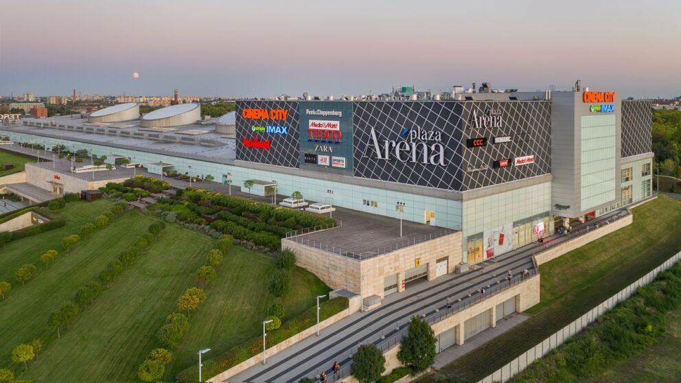 Aerial panoramic view of the Arena Mall complex in Budapest
