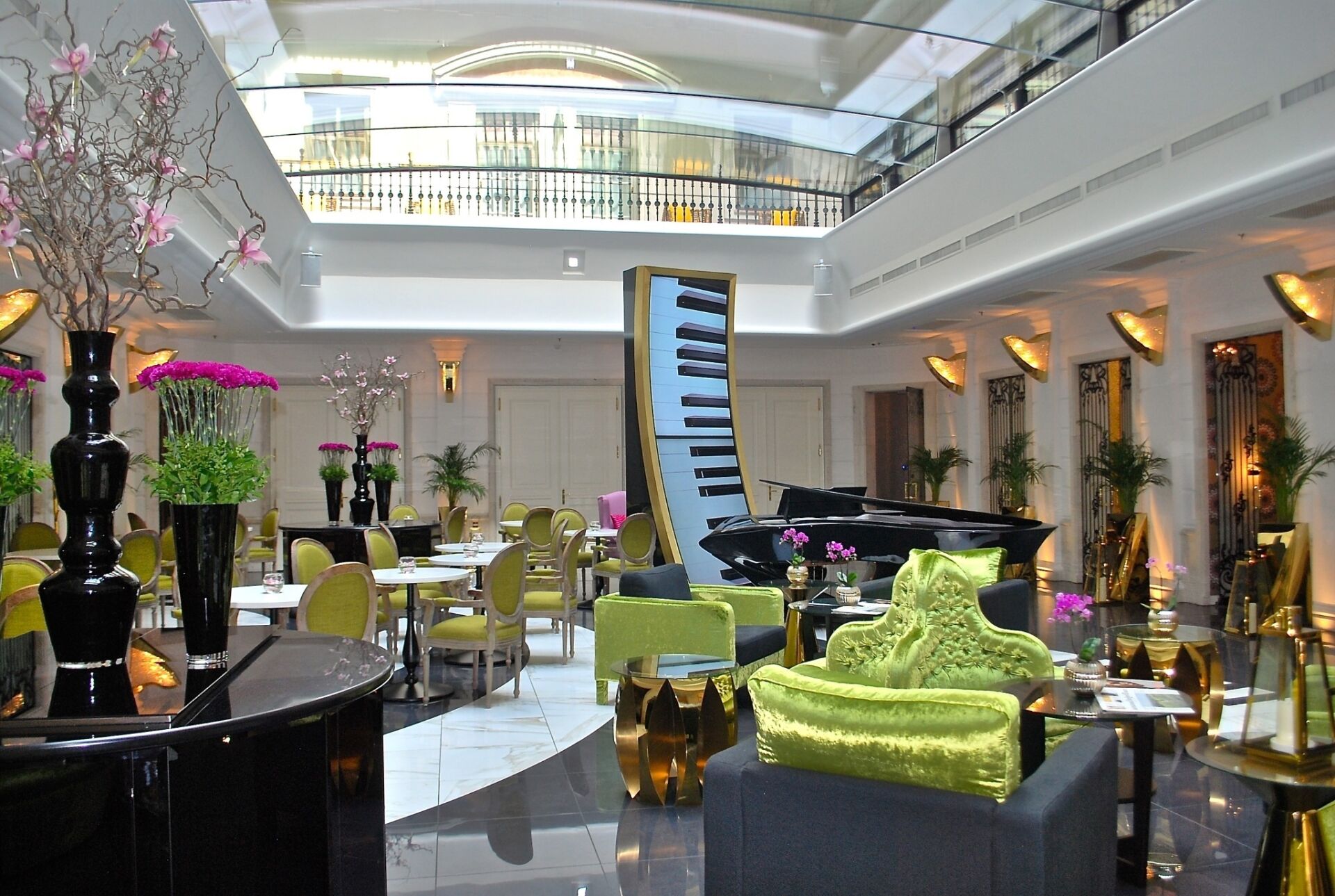 The famous music-themed lobby of Aria Hotel Budapest with its signature keyboard carpet