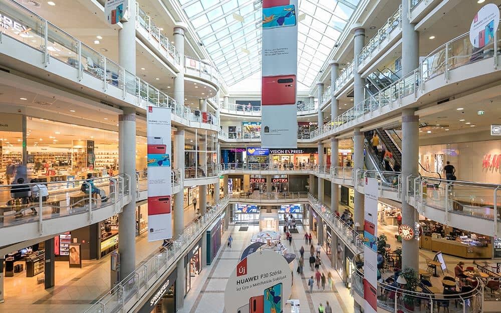 Bright and spacious multi-level interior of the Árkád Shopping Mall