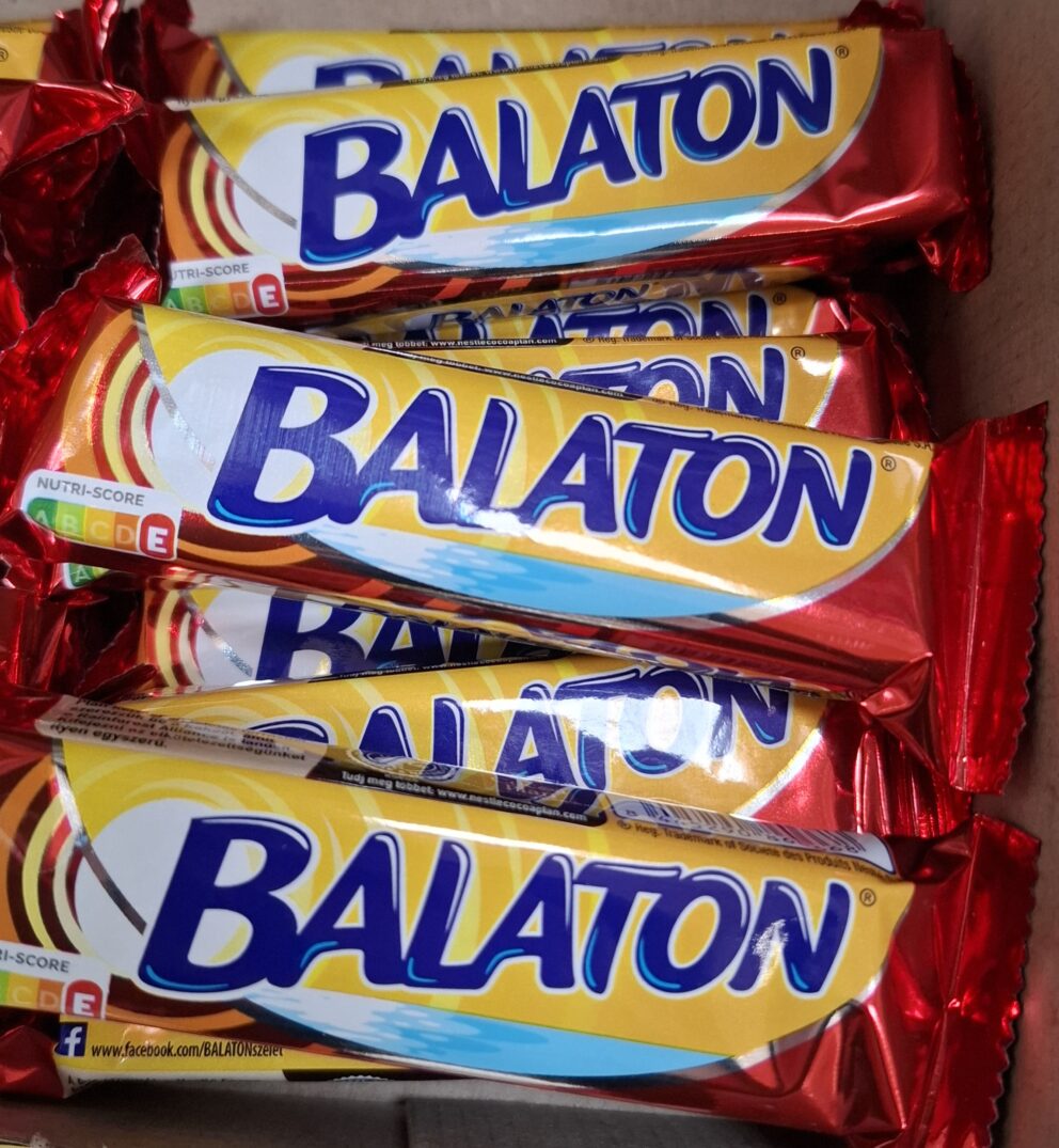 The bright blue wrapper of a Balaton Szelet chocolate wafer bar