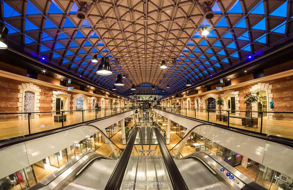 The incredibly sweeping curved glass architecture of the Bálna (Whale) building