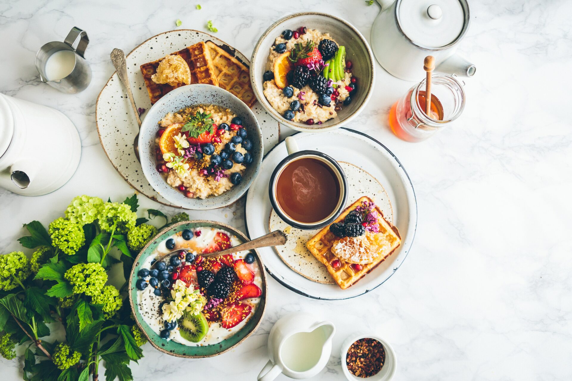 A variety of delicious and colorful brunch dishes served in a stylish Budapest cafe