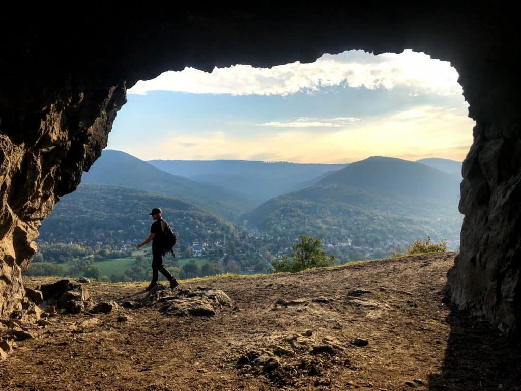 A hiker enjoying the panoramic mountain view near Budapest
