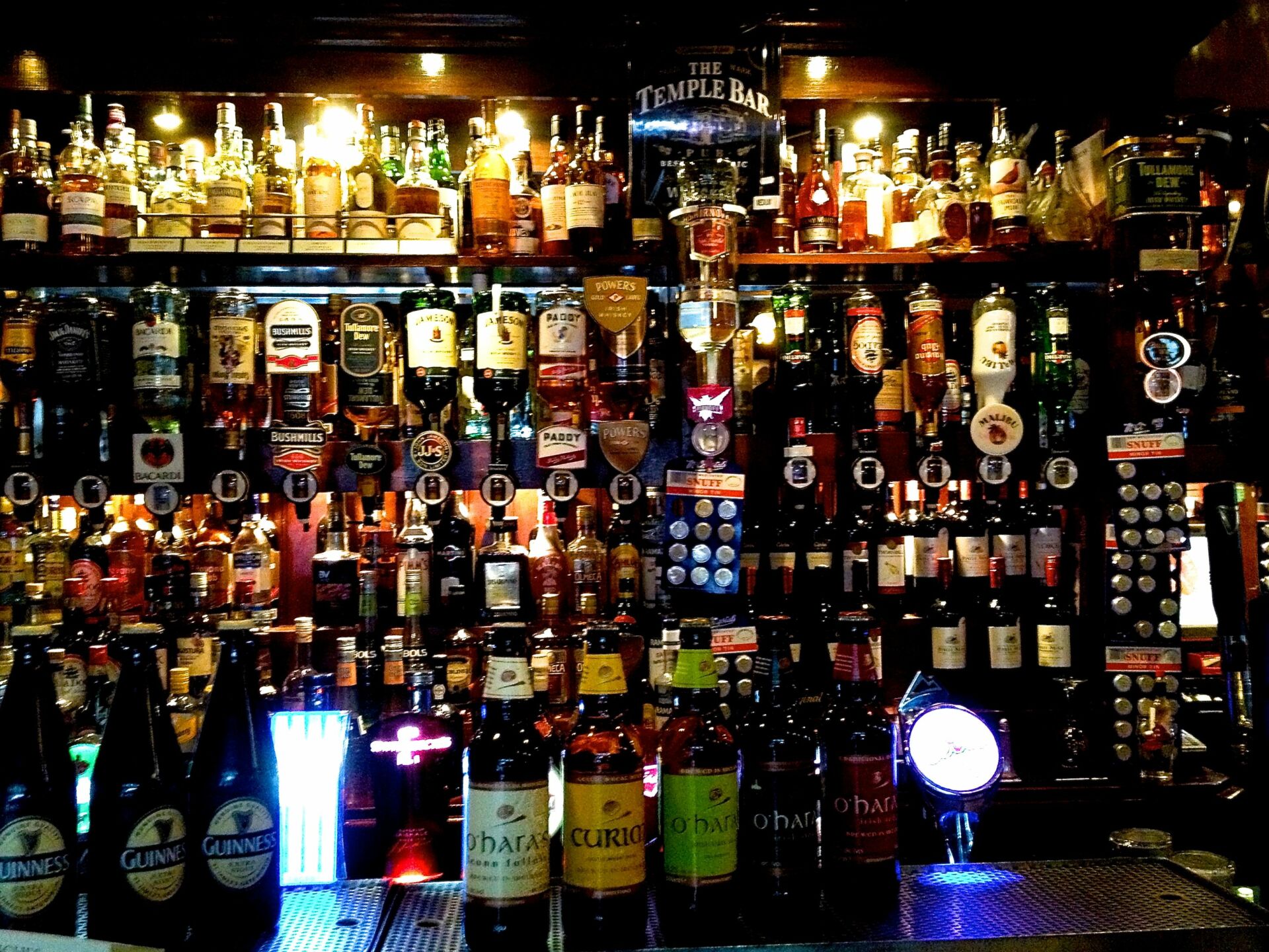 Extensive whiskey selection at a top-rated Irish pub in Budapest