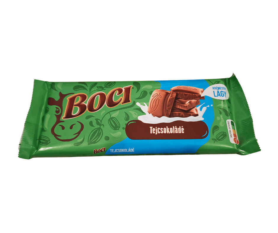 A blue wrapper of the classic milk chocolate Boci bar