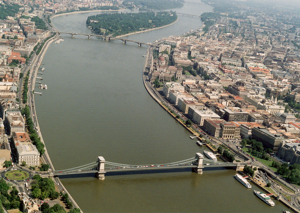The Bridges of Budapest: The Danube river with the Chain Bridge and Margaret Bridge in Budapest