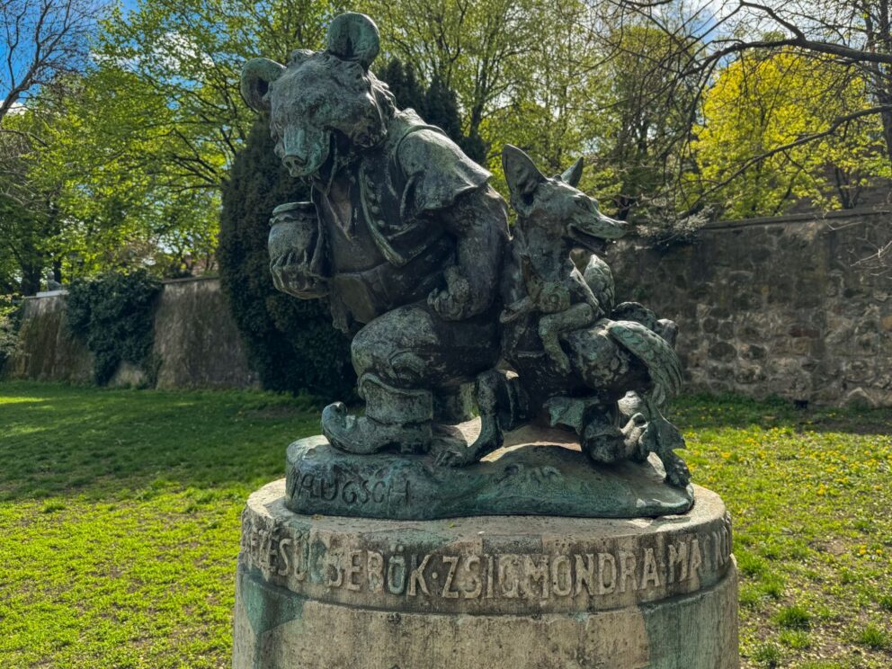 The impressive Bear And Fox Statue located within the historic Buda Castle District in Budapest
