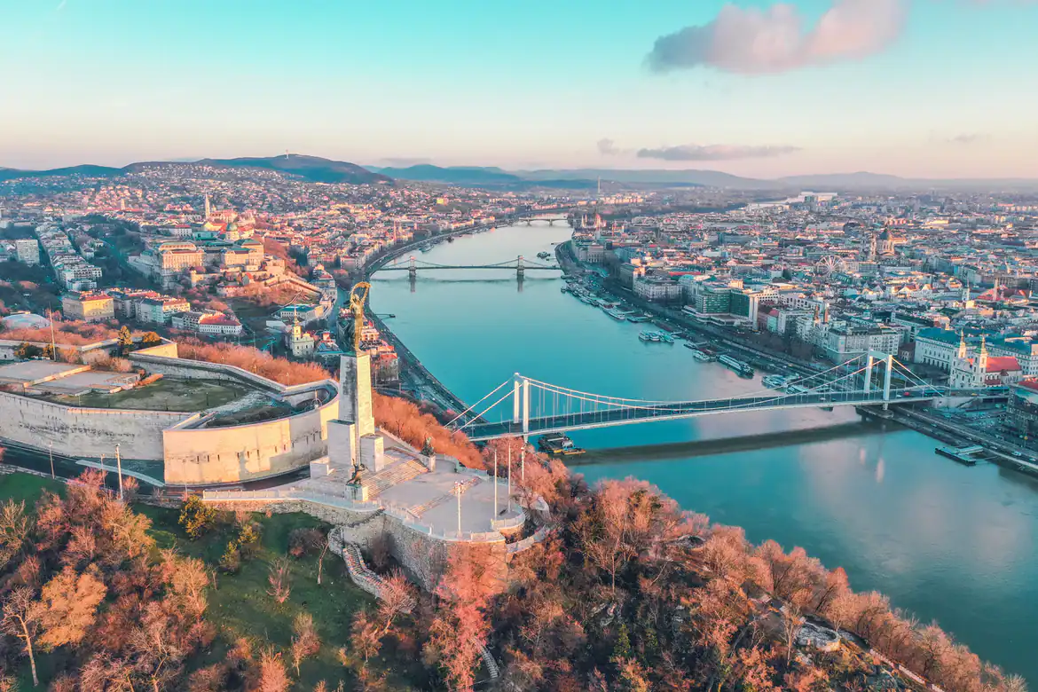 An impressive aerial drone shot of the massive Buda Castle complex on Castle Hill