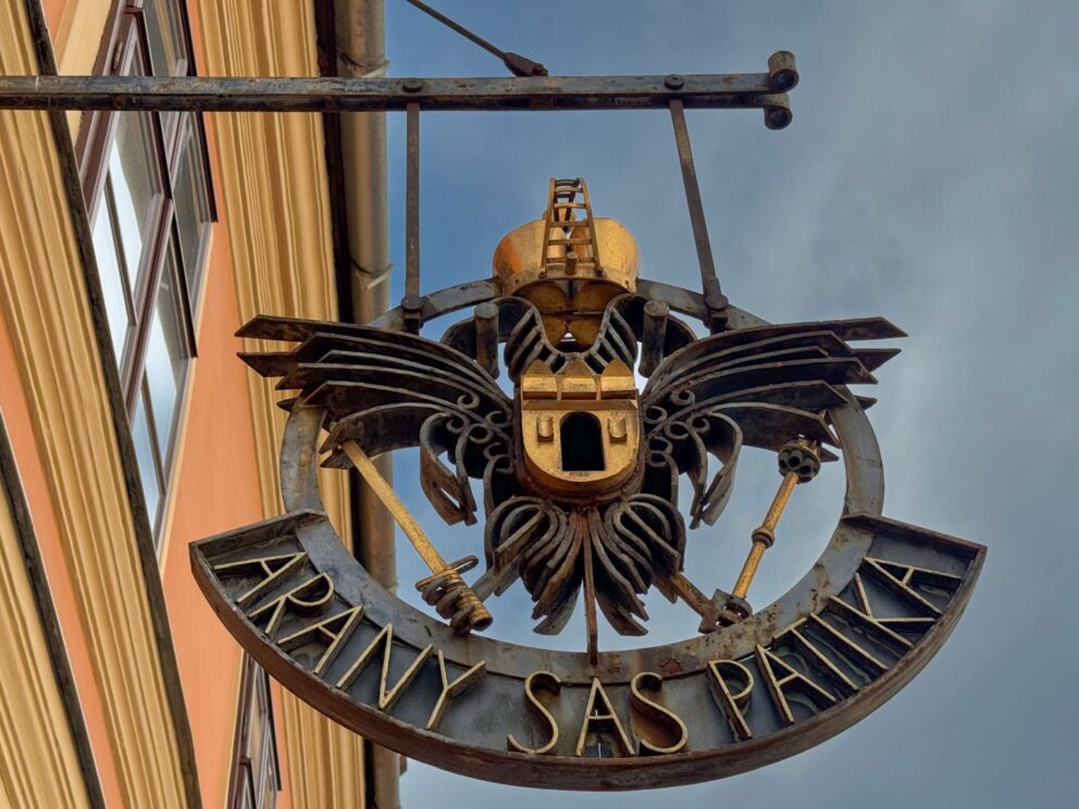 The impressive Golden Eagle Pharmacy And Museum Logo located within the historic Buda Castle District in Budapest