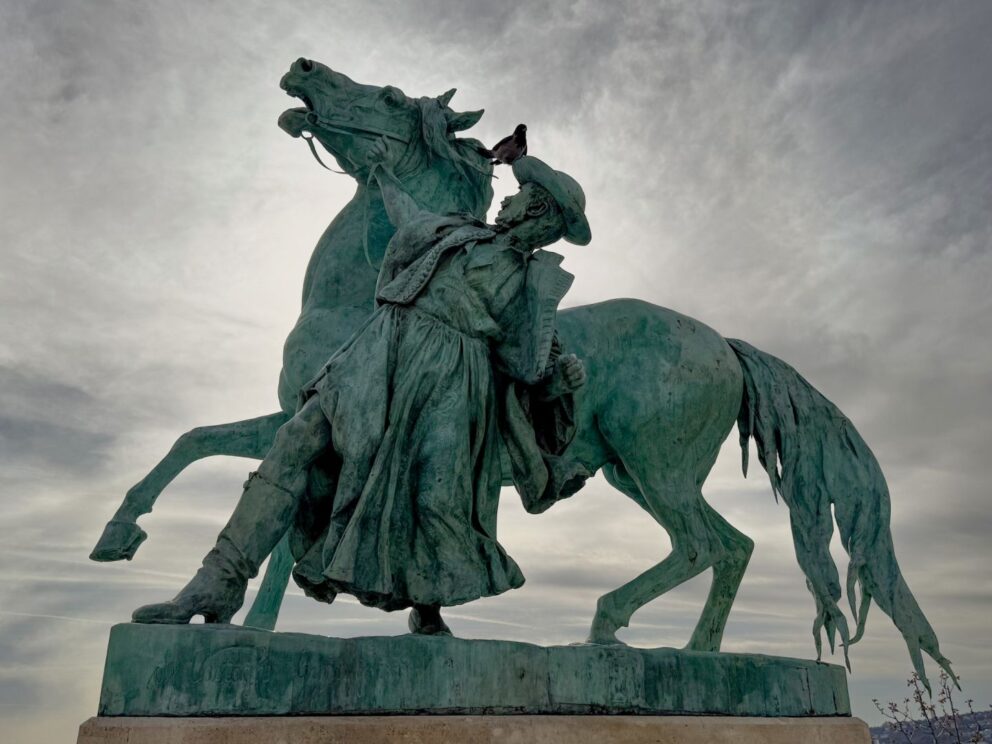 The impressive Herdsman Horseman Statue located within the historic Buda Castle District in Budapest