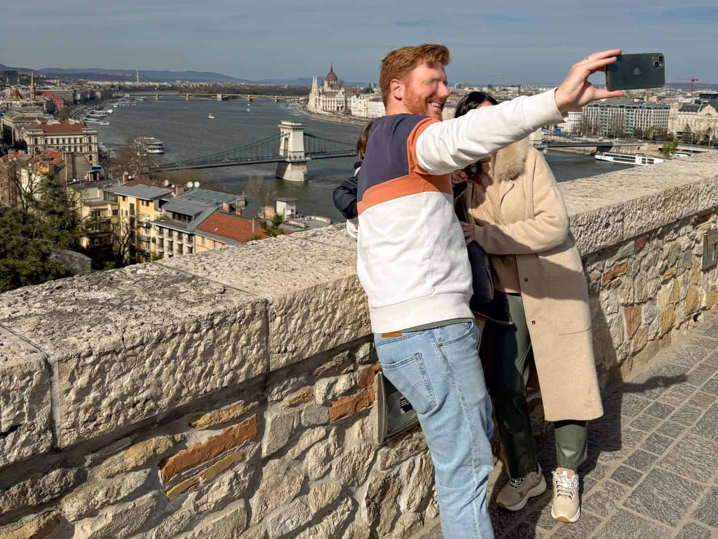 Panoramic view of Budapest from the Maria statue lookout at Buda Castle