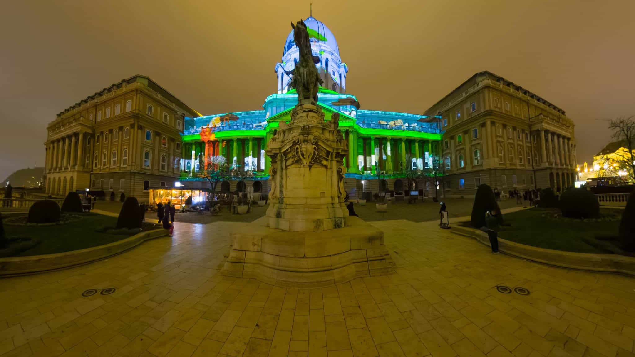 Panoramic view of Buda Castle light projection on Savoyai Terrace