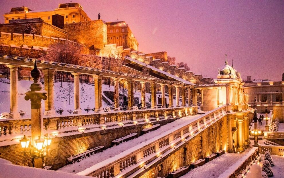 The massive Royal Buda Castle complex heavily covered beautifully in fresh winter snow