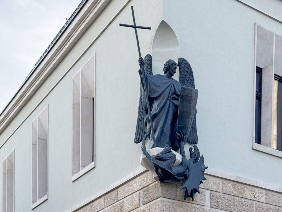 The impressive Statue Of Saint Michael located within the historic Buda Castle District in Budapest