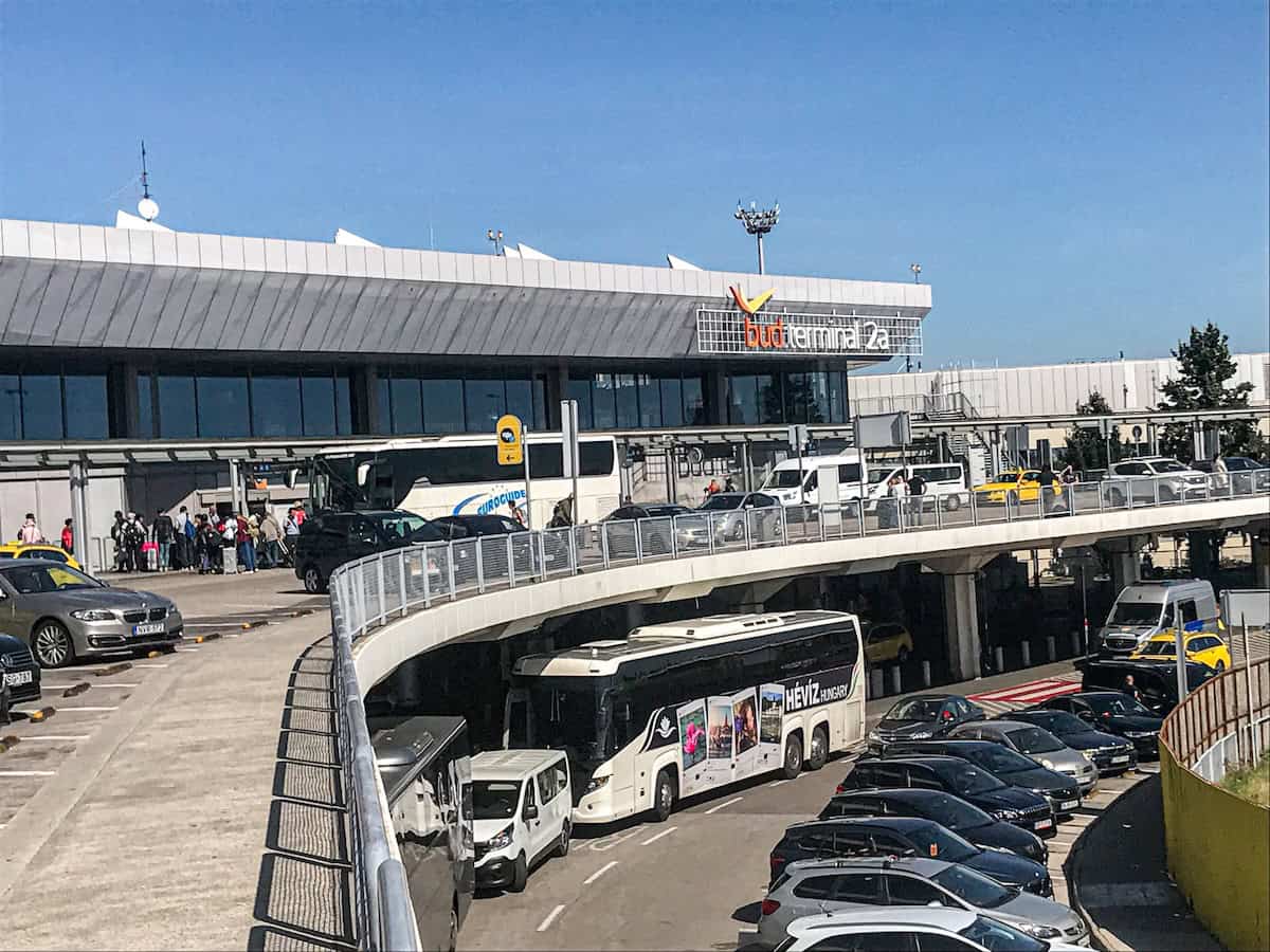 The outdoor parking area and terminal at Budapest Liszt Ferenc International Airport