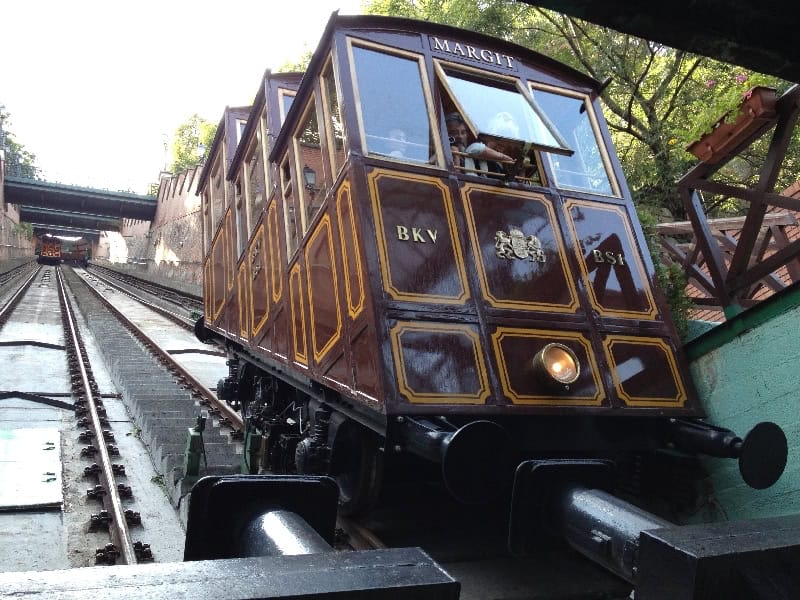 The historic Buda Castle Hill Funicular ascending the steep slope