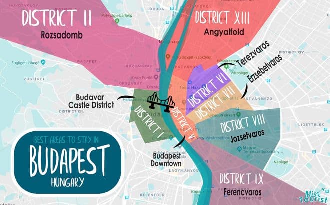 A map highlighting districts V, VI, and VII in central Budapest