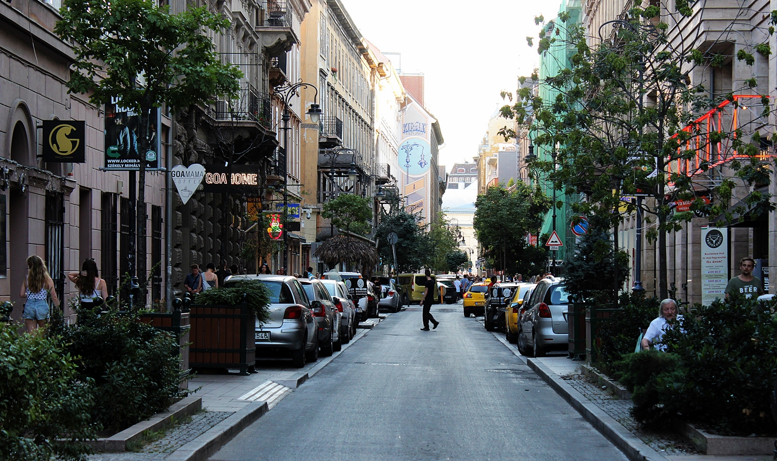 A typical bustling street scene in the historic Jewish Quarter of Budapest