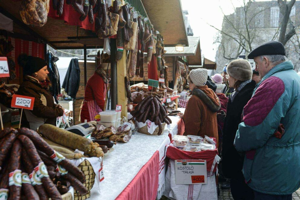 Hungarian curved hams and sausages at the Mangalica Festival