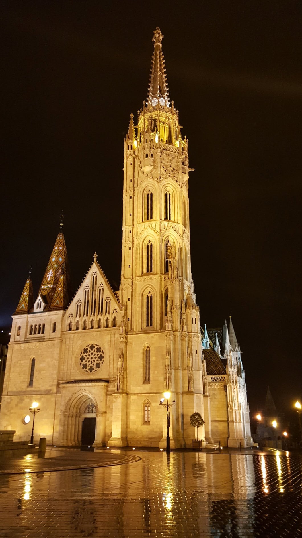 Close up of the intricate architecture of Matthias Church on a wet rainy day
