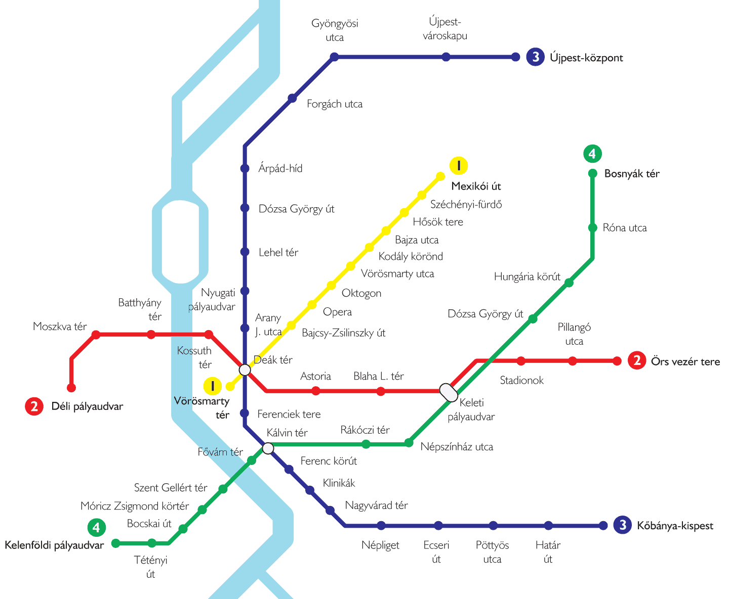 The official map of the 4 Budapest Metro lines and their stations