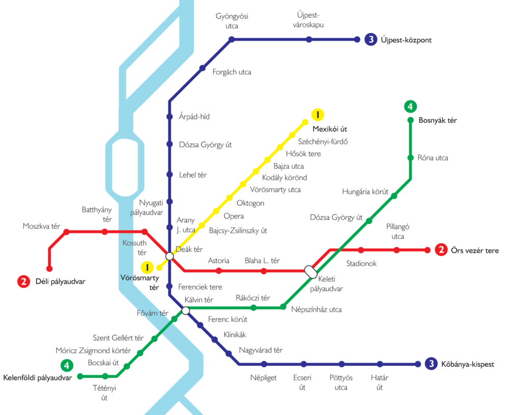 A colorful modern transit map clearly outlining the four official metro lines connecting Budapest