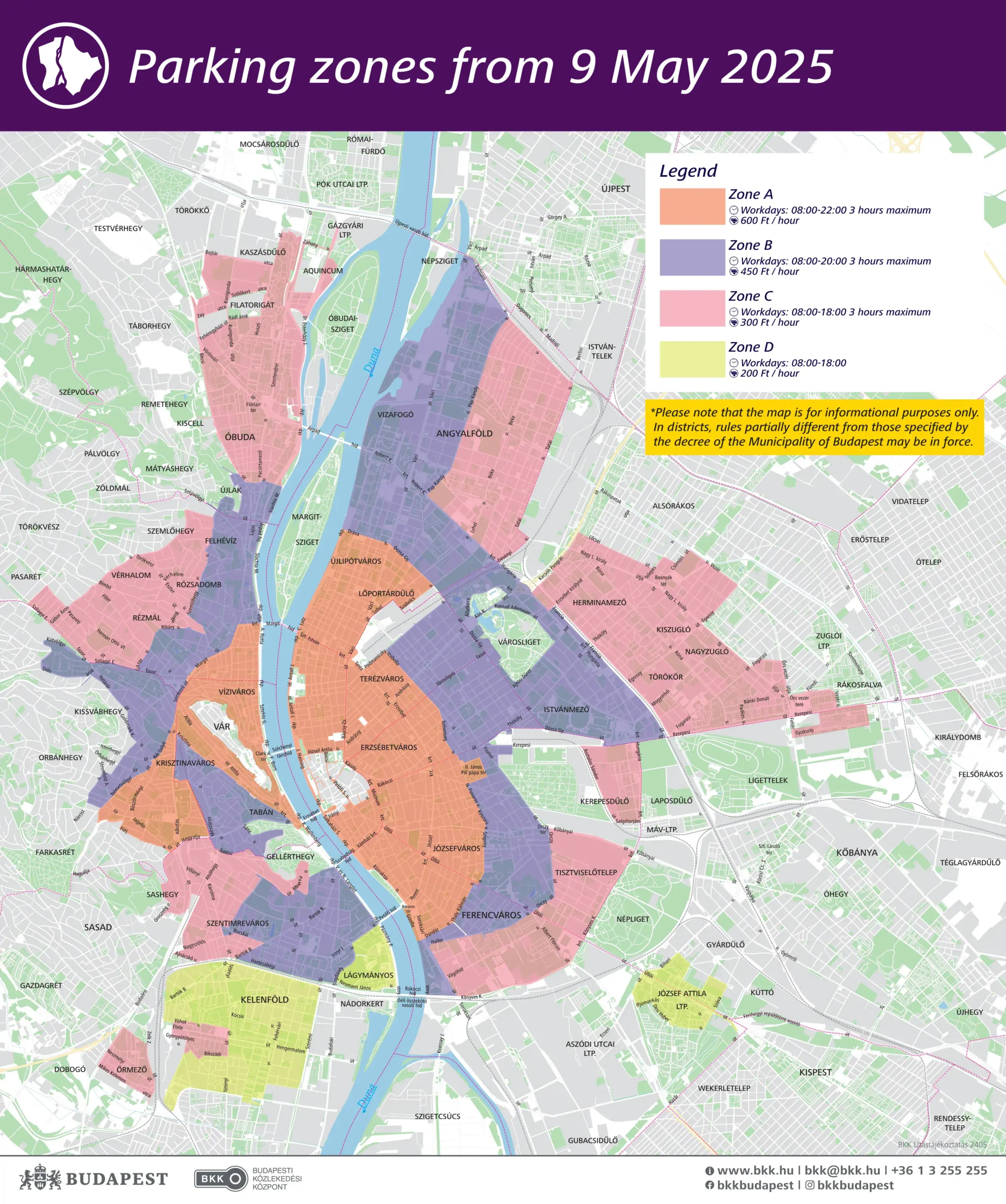 An official detailed color-coded map showing the new parking zones in Budapest