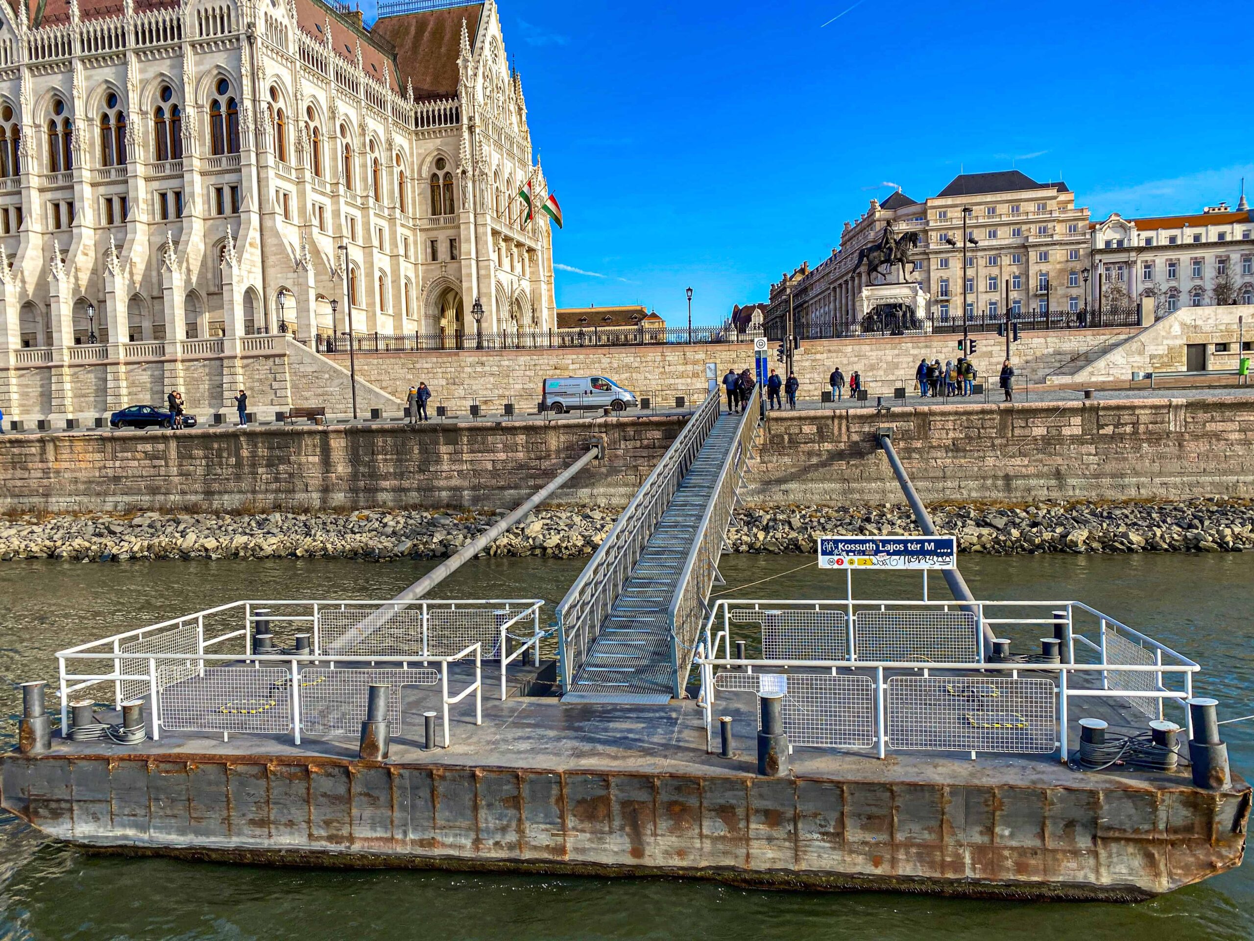The Hungarian Parliament Building viewed from a boat on the Danube River