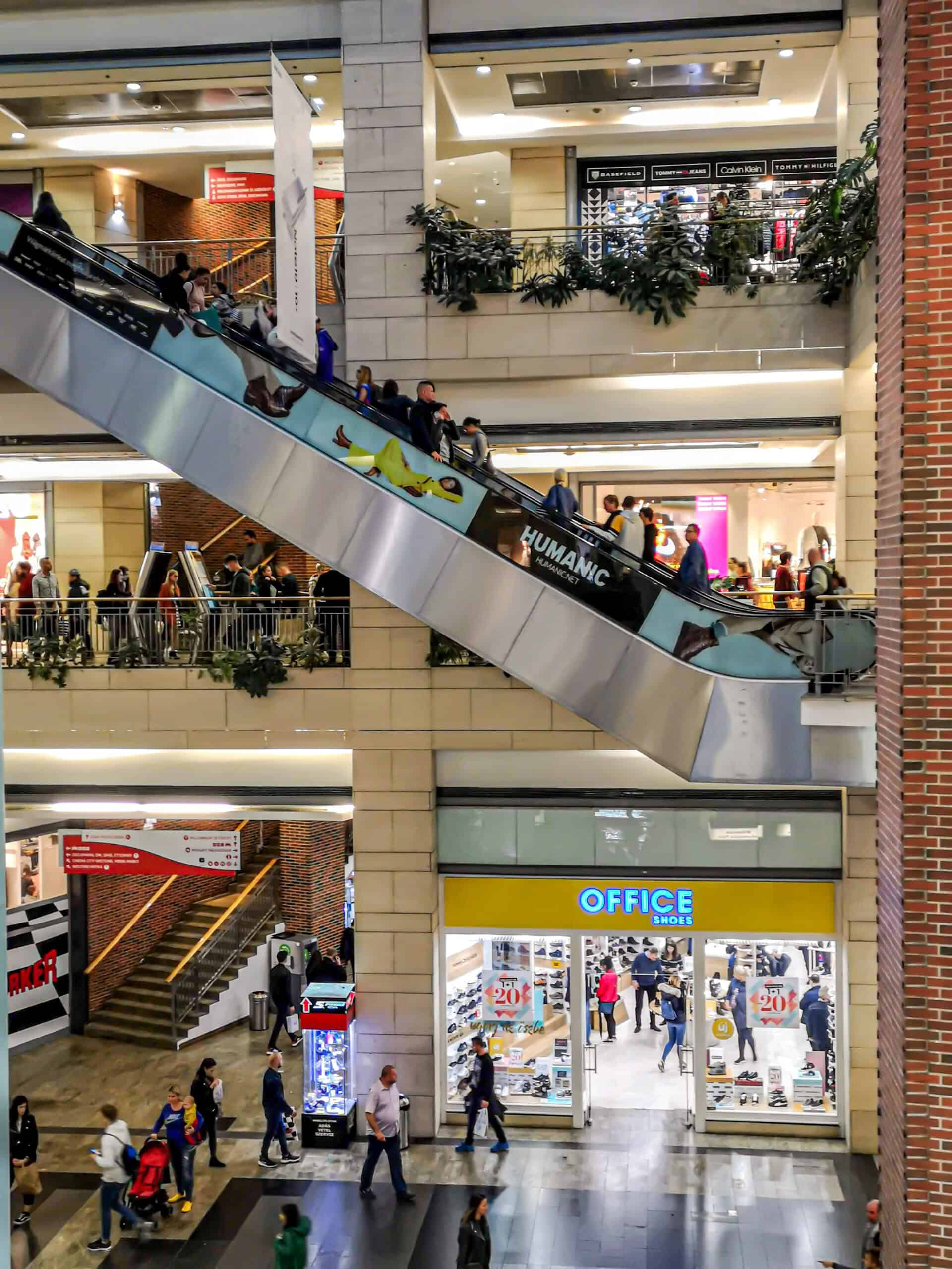 The massive indoor shopping arena at Westend City Center in Budapest