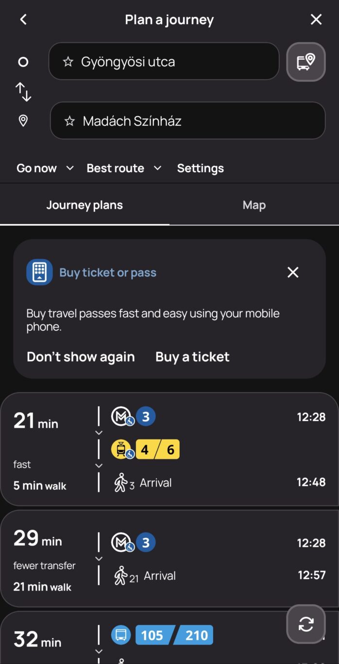 The user interface of the BudapestGO public transport app