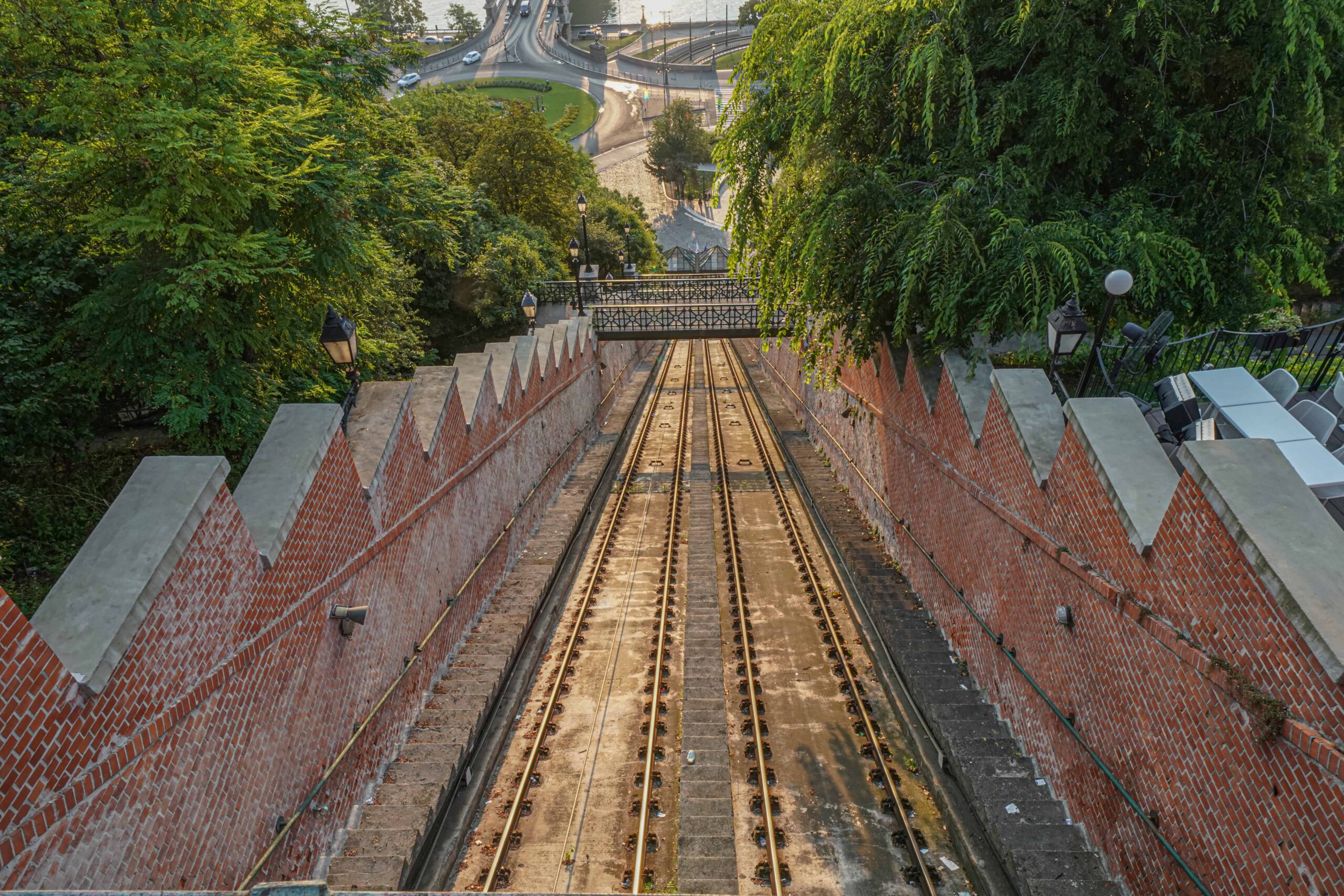Looking down the steep 48% incline tracks toward Clark Ádám Square