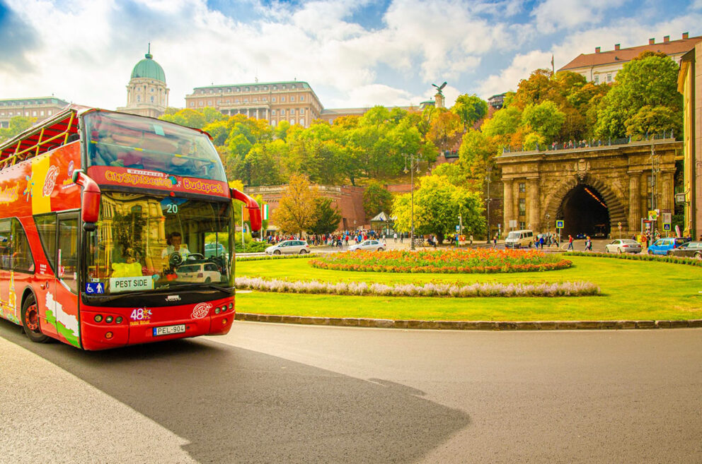 Hop-on Hop-off bus in front of the Buda Castle