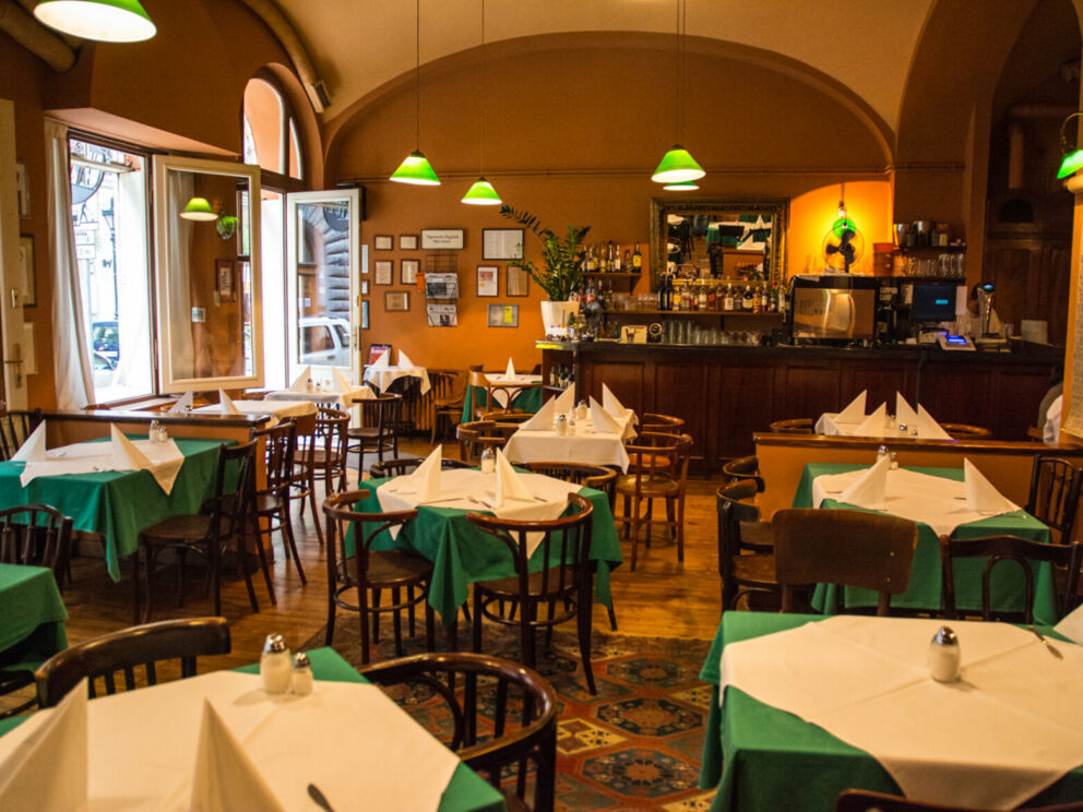 The classic bistro interior of Café Kör in Budapest