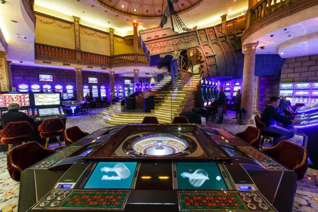 The brightly lit neon entrance of the Las Vegas Casino in Budapest