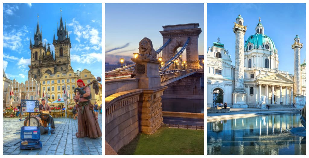 A scenic collage of the three Central European capital skylines