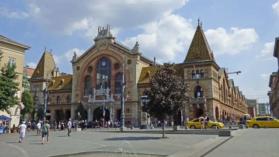 The monumental neo-Gothic brick facade of the Central Market Hall at Fővám Square