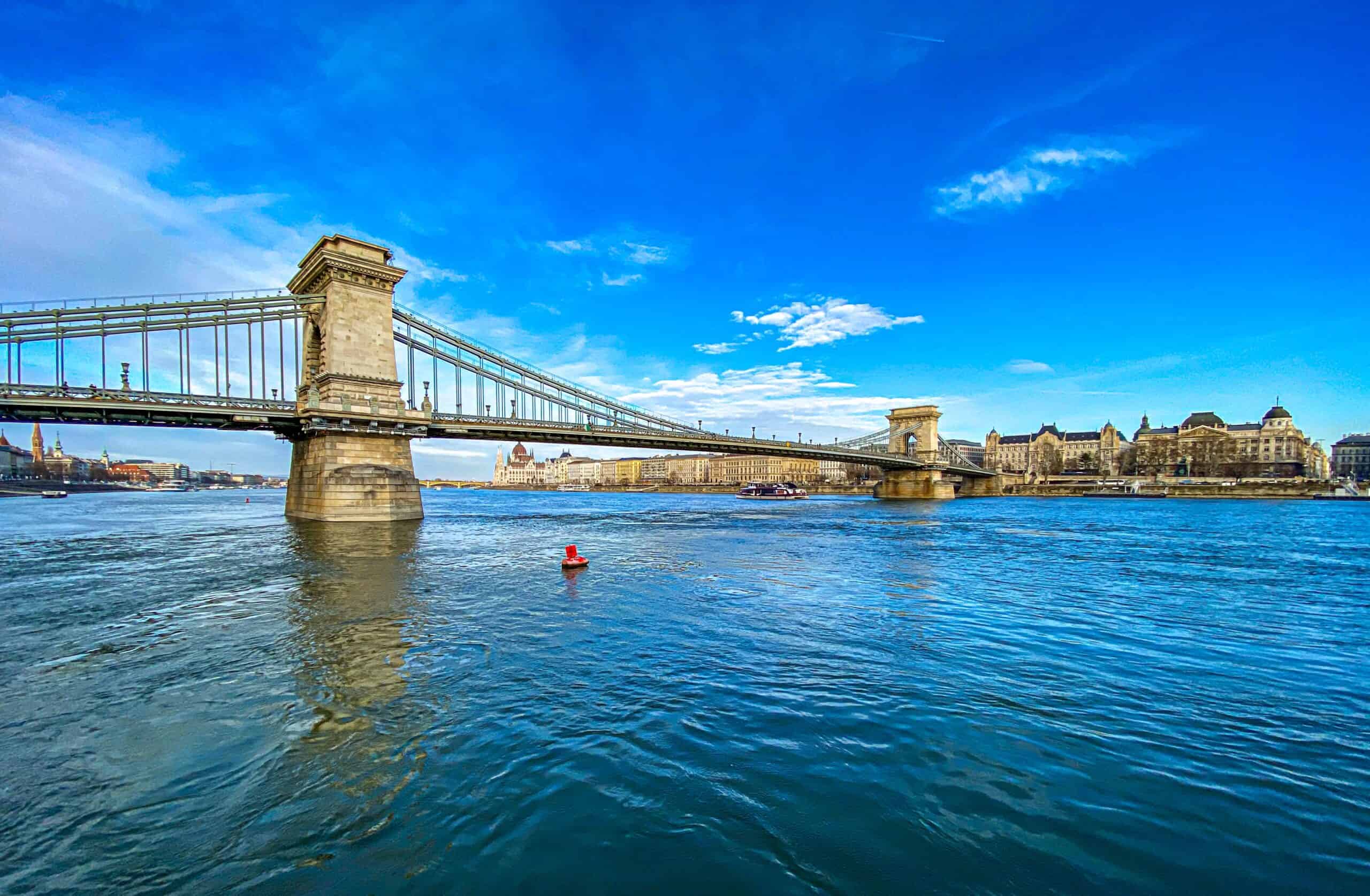 A scenic view of the Chain Bridge from a BKK public transport boat